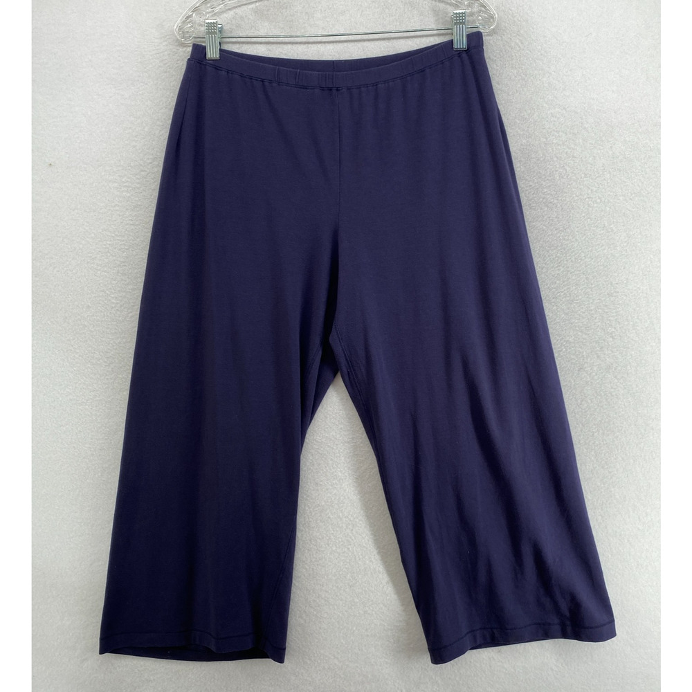 EILEEN FISHER Pants PL Stretch Organic Cotton Jersey Wide Crop Pull On Blue USA